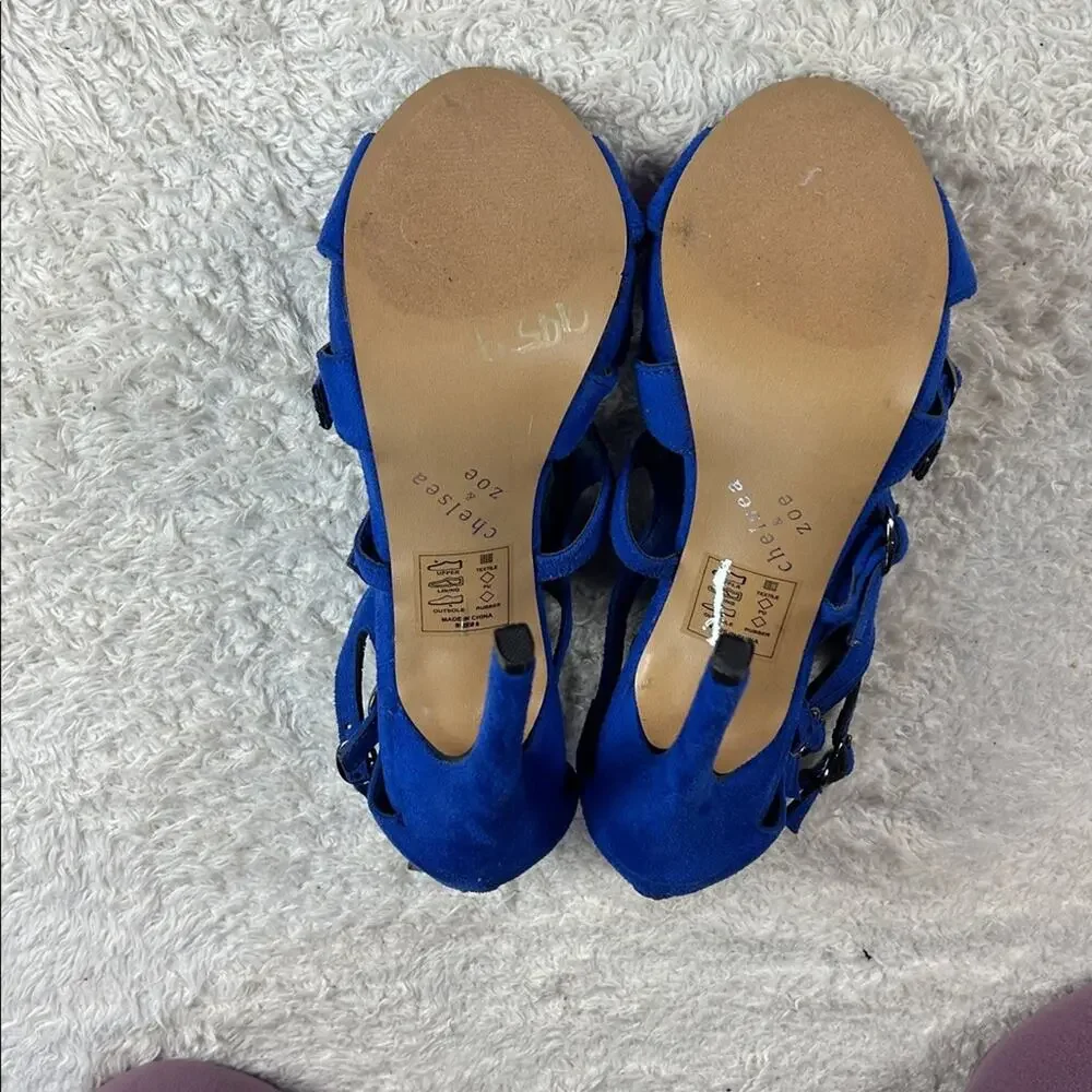Chelsea and ZOe blue‎ suede peep toe stiletto cage heels, size 8